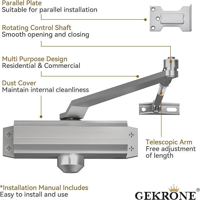 Automatic Door Closer Heavy Duty Spring Size 2 Hydraulic Aluminum Alloy UL 3-Hour Fire Rating Surface Mounted Home Commerical Door Closures Hold Open Adjust Speed Door Weights 88-144 Lbs