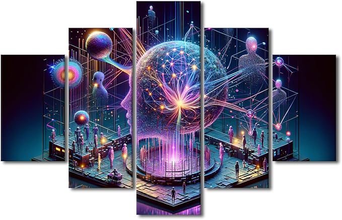5 Panel Human Brain Wall Art for Living Room Artificial Intelligence Canvas Picture for Bedroom Wall Decor Neural Network Painting House Decorations for Room Office Posters and Prints 60"Wx40"H