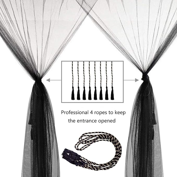 Comtelek 8 Corner Bed Canopy with 100 LED Star String Lights Battery Operated, Black Bed Netting Unique Style 4 Door Square Canopy Bed Curtains Canopy - Suggested for Twin Full Queen King Bed