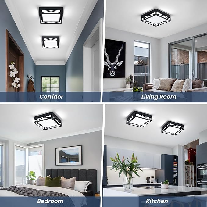 Modern LED Ceiling Light Fixture, 6000K Square LED Flush Mount Hallway Light Fixtures, Farmhouse Black Close to Ceiling Light for Hallway Bedroom Balcony Porch Stairway(Square, 12.6INCH)