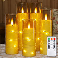 Flameless Flickering 2.2" x5" 6" 7" 8" 8" Candles, LED Battery Operated Gold Clear Plastic Timer Pillar Realistic Wick Candles (Long Lasting 500 Hrs, Pack of 5)
