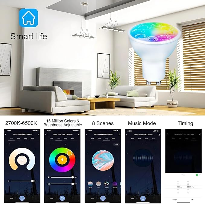 Smart Gu10 LED Bulbs Dimmable Color Changing,Gu10 RGB Bulb, WiFi & Bluetooth LED Bulb Work With Alexa Google, Adjustable 16 Million Color And Music Sync,For Living Roomn Bedroom Office Hotel Etc.2Pack