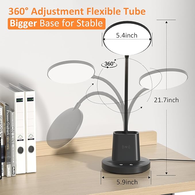 Desk Lamp with Wireless Charger, LED Desk Lamps for Home Office with Pen Holder, Dimmable Eye-Caring Study Desk Light Flexible Arm 3 Color Modes for College Dorm, 800 Lumens CRI 90