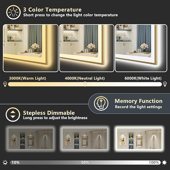 77x36 Gold LED Bathroom Mirror with Lights, Brushed Gold Framed Backlit and Front Lit Anti-Fog Lighted Vanity Mirrors for Bathroom Wall, Dimmable, 3 Colors, Memory, HD Tempered Glass, CRI＞90