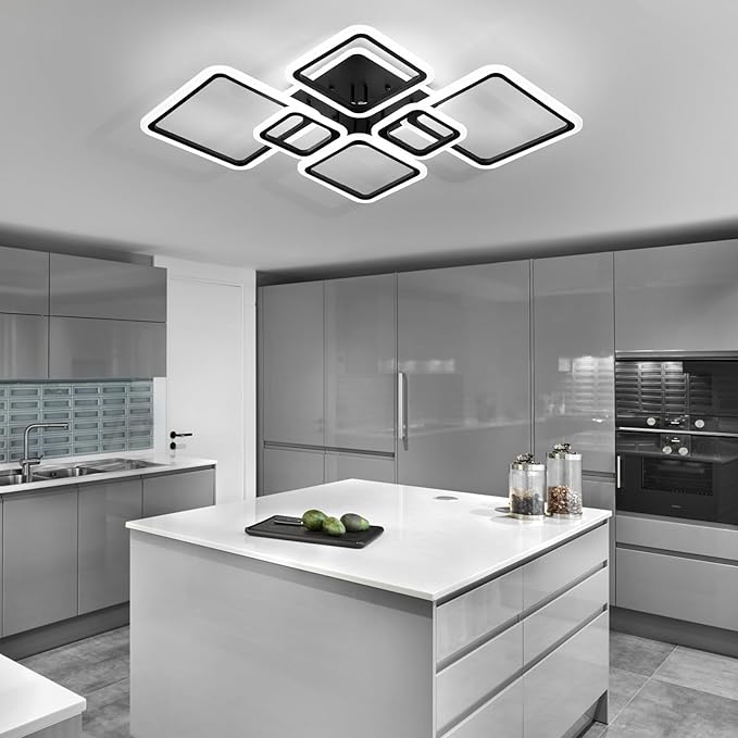Modern Ceiling Light, 36.2'' LED Dimmable Acrylic Square 6+1 Rings Ceiling Lights with Remote, Black Flush Mount Ceiling Light Fixture for Low Ceiling Bedroom Living Room Dining Room, 130W