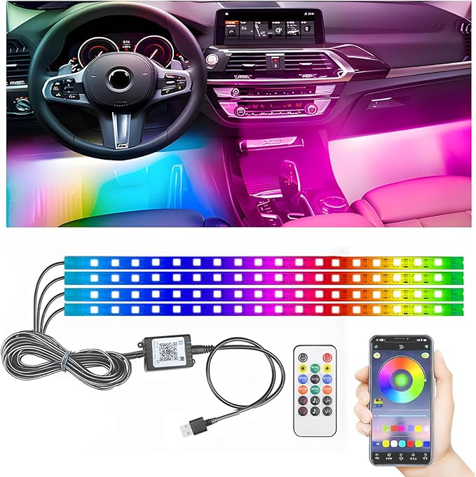5.7FT LED Interior Light for Car, 48LEDs RGB USB Under Dash Lighting, Footwell Neon Internal Lights Kit, Smart APP and Remote Dual Control, Multicolor Music and Mic Mode