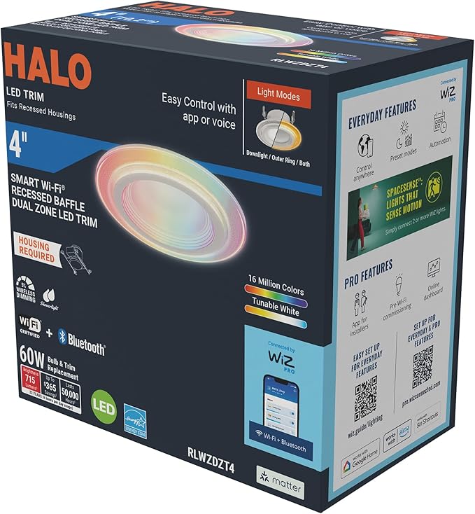 HALO 4" Dual Zone Smart Wi-Fi Recessed LED Light Powered by WiZ Pro 4-Pack, Dimmable Full Color w/SpaceSense, Smart Home Ready RLWZDZT4-4PK