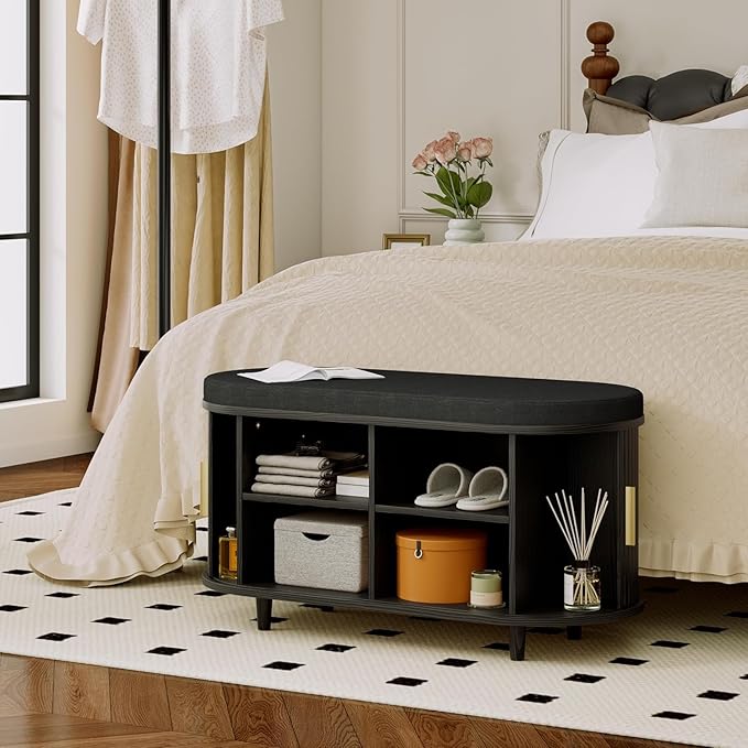 Entryway Bench with Storage: 35.4" Wooden Bedroom Shoe Bench with Thickened Padded Seat Cushion, Mid Century Modern Fluted Sliding Door and Adjustable Shelf, for Entryway, Living Room