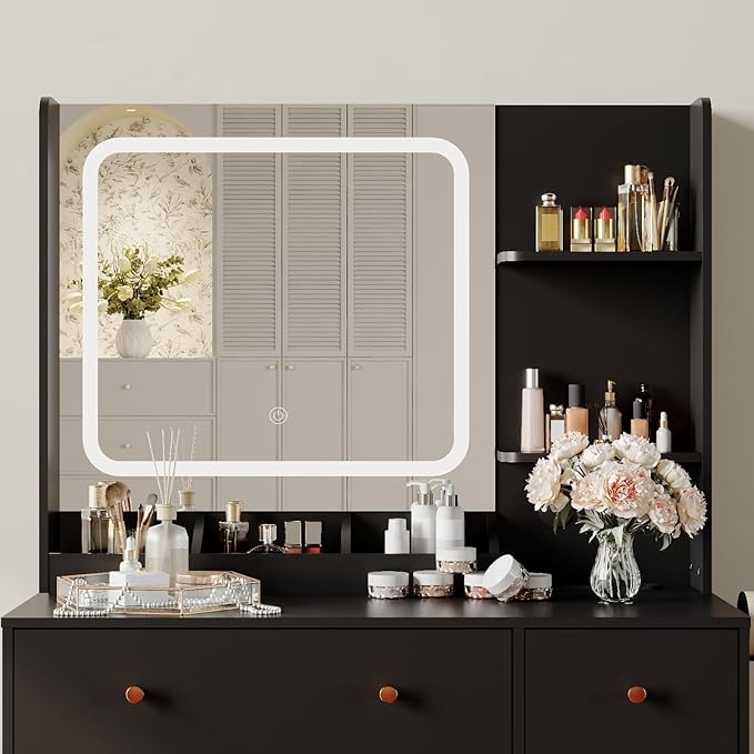 Vanity Desk with Mirror and Lights,Power Outlet,Makeup Vanity Table Set with Storage Drawers Shelves Cabinet& Chair,3 Lighting Modes & Adjustable Brightness,Dressing Table for Bedroom