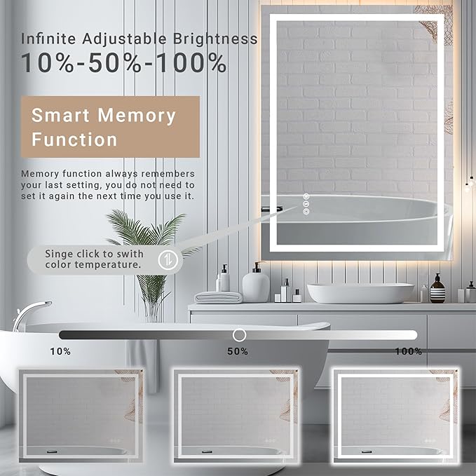 24"x 32" LED Bathroom Mirror with Stepless Dimmable, Backlight Wall Mirrors with Anti-Fog Bathroom Digital Mirror for Wall, 3 Color Modes, Memory Function Smart Mirror