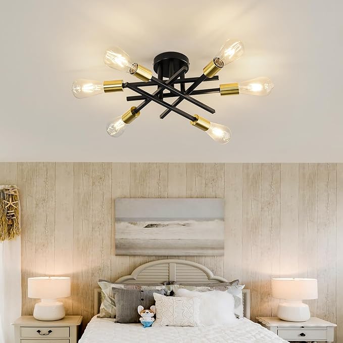 ASGYISA 6-Lights Sputnik Semi Flush Mount Ceiling Light Fixture Modern Metal Black and Gold Chandeliers with E26 Bulb Base Close to Ceiling Light for Kitchen Dining Room Living Room Hallway Bedroom