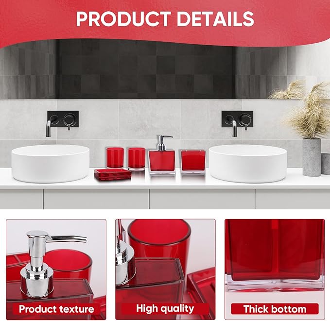 5-Piece Bold Red Acrylic Bathroom Accessories Set — Soap Dispenser, Toothbrush Holder, Soap Dish & 2 Mouthwash Cups, His and Hers Countertop Organizer for Red Bathroom Decor