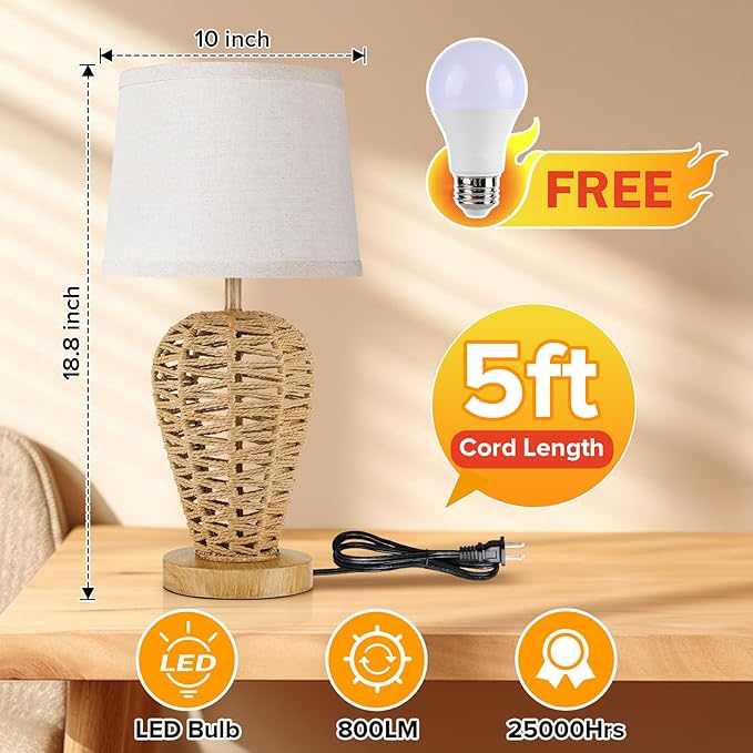 Boho Table Lamp,Touch Control & 3 Way Dimmable, 100% Hand Woven Rattan Coastal Farmhouse Bedside Nightstand Lamp for Bedroom, Living Room, Office (Bulb Included)
