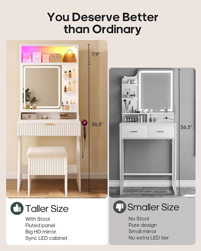 Small Vanity Desk with Mirror and Lights, Sound Sync LED Lights, Fluted Wood Compact Makeup Vanity Table Set with Teddy Fleece Chair, Storage Drawer, Shelves, Bedroom (White)