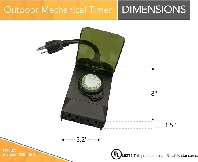Southwire Woods Outdoor 24-Hour Plug-In Mechanical Timer - Energy-Saving Convenience - Dual Grounded Outlets - Programmable Daily Settings - Weatherproof Design - 6-Inch Cord - Black