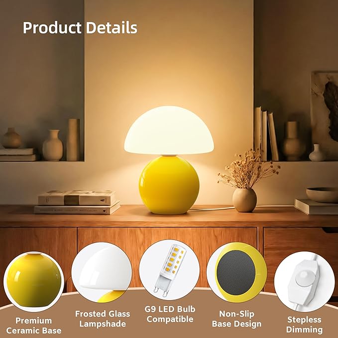 Mushroom Lamp Desk Lamp for Bedroom,Table Bedside Small Lamps for Living Room,Mushroom Decor Cute Mini Modern Mid Century Lamps for Night Stands,Aesthetic Home Living Room Decor(Yellow)