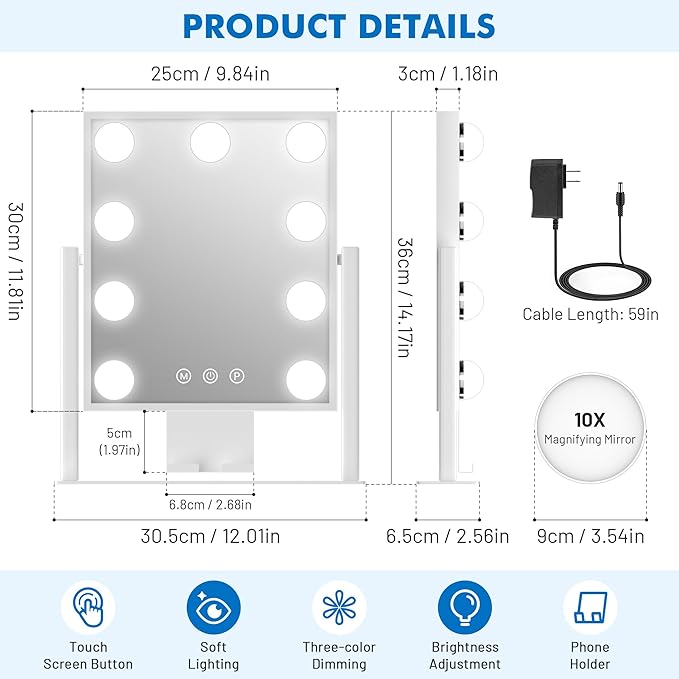Kottova Makeup Mirror with Lights, 14" x 12" Vanity Mirror, Lighted Makeup Mirror with 3 Color Dimmable Lighting & Touch Sensor, Detachable 10X Spot Mirror, White