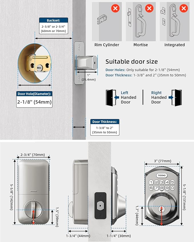 TEEHO TE001 Keyless Entry Door Lock with Keypad - Smart Deadbolt Lock for Front Door with 2 Keys - Auto Lock - Easy Installation - Satin Nickel