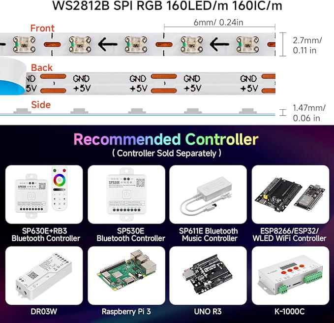 BTF-LIGHTING WS2812B IC RGB 2.7mm Ultra Narrow LED Strip 0807SMD DC12V Individually Addressable 3.2FT 160Pixels/m 160LED Dream Color Tape Light for Home DIY Decoration IP30 (No Adapter or Controller)