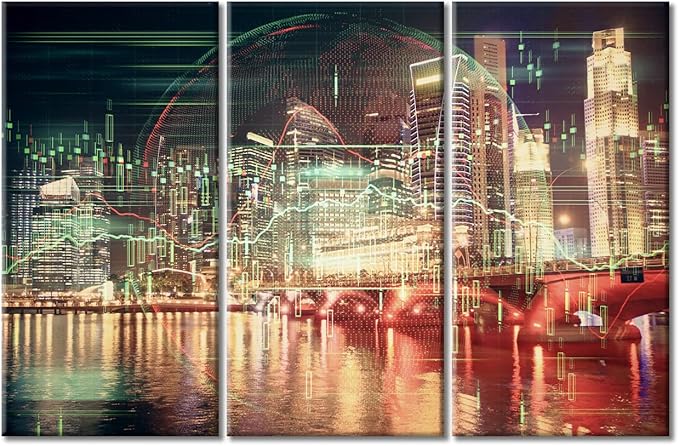 TUMOVO Wall Art Modern Buildings and Various Charts Pictures Living Room Wall Decor 3 Pieces Trading Graph on The Cityscape at Night Background Black and White Wall Art Ready to Hang (42" Wx28 H)