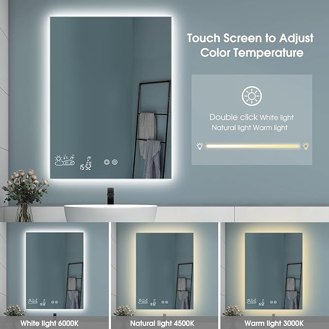 BYECOLD 40"x 24" Lighted Bathroom Mirror with Bluetooth, WiFi/Anti-Fog/Dimmable 3 Colors Backlit Bathroom Smart Mirror with Lights Wall Mounted Memory Function Touch Sensor - Horizontally Hangs