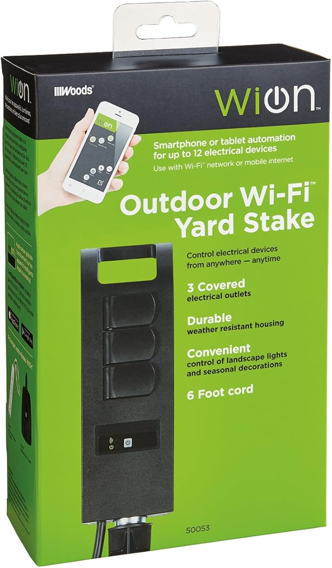WiOn 50053 Outdoor Wi-Fi Plug-In Yard Stake With Smartphone Or Tablet Automation for up to 12 devices; 3 Grounded Outlets And 6 Foot Cord