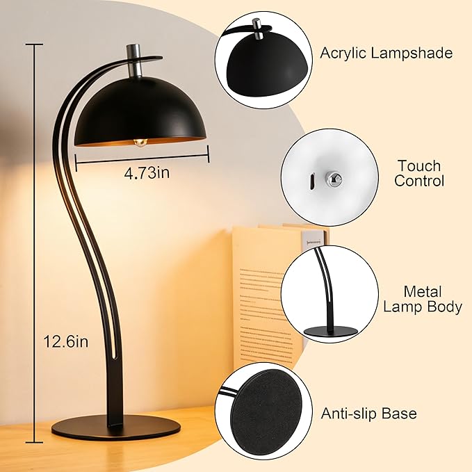 Cordless Table Lamp,Rechargeable LED Reading Light with 3 Colors,Touch Dimmable Night Light,Portable Small Bedside Lamps,Aesthetic Lamp for Bedroom Living Room Office Desk Decor (Black)