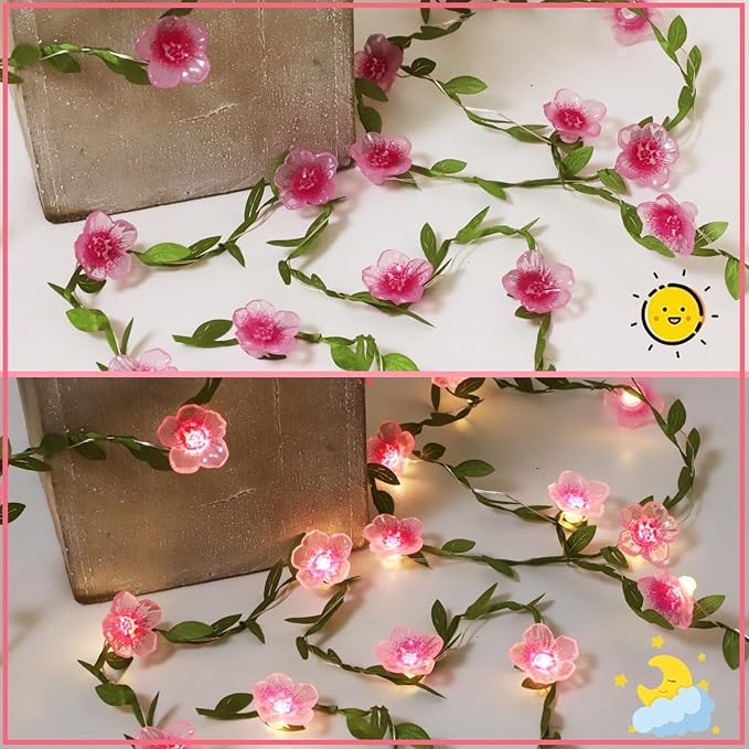 Cherry Blossom Decor Flower String Lights Vines with Fairy Lights Christmas, 30 LED Copper with Remote Control Battery Operated Pink Flower Garland Leaf for Locker, Wall,Christmas Decorations-4 Pack