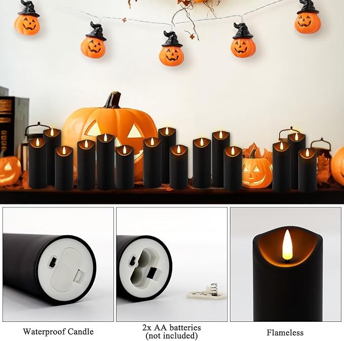 Set of 24 Flickering Black Flameless Candles, Battery Operated LED Pillar Candles with Remote Control and Timer Essential forfor Home Decor&Festival Celebrations&Table Decorations&Wedding.