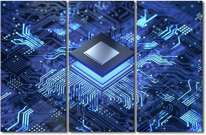 Circuit Board Pictures for Living Room Smart Chip Canvas Wall Art House Decor Computer Chip Modern Office Wall Decor Framed CPU Concept Large 3 Panel Wall Art for Home Bedroom Ready to Hang(40"Wx60"H)