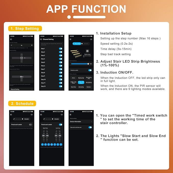 Smart Motion Sensor Staircase LED Strip Lights Kit, Intelligent 16-Step Light Controlled by APP & Remote(Not Include Battery) with 3000K Strips for Indoor Lighting