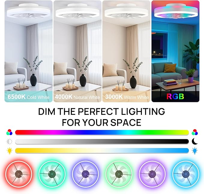 RGB Ceiling Fans with Lights, 16" Fandelier Low Profile Ceiling Fan with Light, Modern Flush Mount Ceiling Fan Light with Remote/APP Control, Bedroom Chandelier Fan Fixture for Indoor(White)