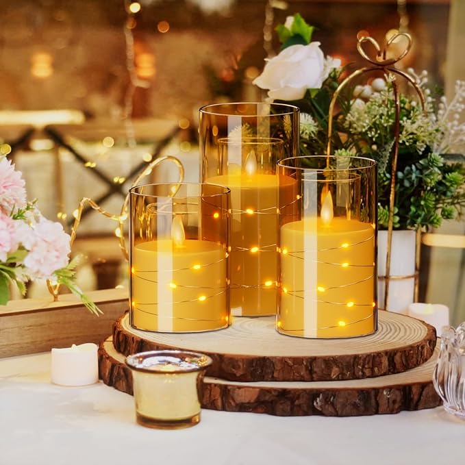 Wondise Flameless Flickering Candles with Embedded Star String Lights, Battery Operated with Moving Wick Acrylic LED Candles with Remote for Home, Wedding, Halloween, Christmas Decor(Gold)