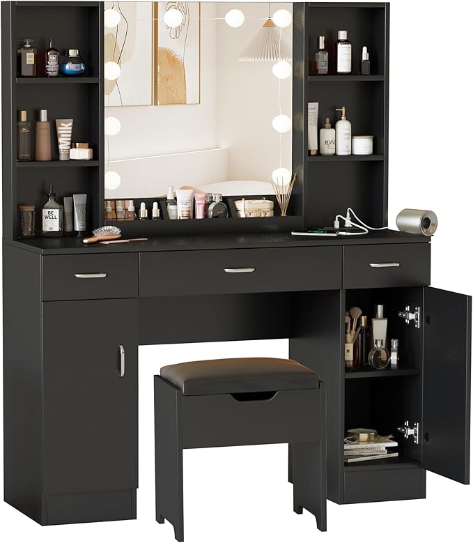 Makeup Vanity Table with Lighted Mirror & Power Outlets, Large Vanity Set Vanity Desk with Storage Stool, 3 Drawers, 3 Lighting Modes Brightness Adjustable, 45inch, Black