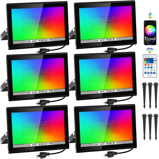 T-SUN LED Flood Lights Outdoor 60W, 600W Equivalent 6000LM Color Changing Landscape Light with APP Control, Waterproof Floodlights with 2700K & 16 Million Colors, Timing, Music Sync, US Plug(6 Pack)