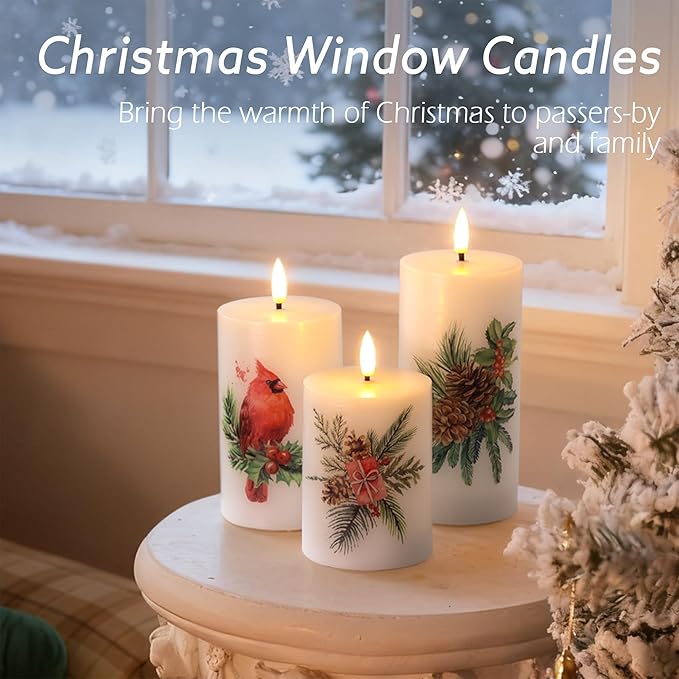 Flameless Pillar Candles with Remote, 3 Pack Battery Operated Real Wax LED Candles, Perfect for Home Decorations Fireplace Table, Christmas Sticker