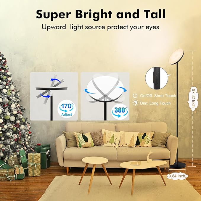 YHW Living Room Floor Lamp, Smart 2000LM Bright Floor LED Lamps, 16 Million RGB Dimmable Color Temperature Standing Tall Lamp with Remote Touch Button, Adjustable Angle Floor Lamp for Bedroom Office.