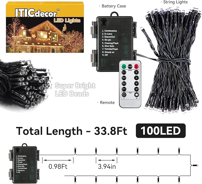 ITICdecor Christmas String Lights Battery Operated, 33ft 100 LED Fairy Lights Outdoor Waterproof with Remote Control Timer, 8 Modes Decorative Lights for Indoor Outdoor Xmas Tree Party Garden (Blue)