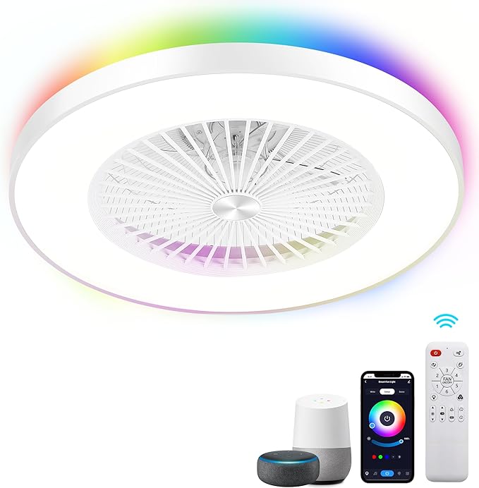 24" Smart Bladeless Ceiling Fan with RGB Ambient Light, Low Profile Flush Mount Fan with APP/Remote/Alexa Control, Dimmable LED Color Changing Light, 6-Speed Quiet Motor, White