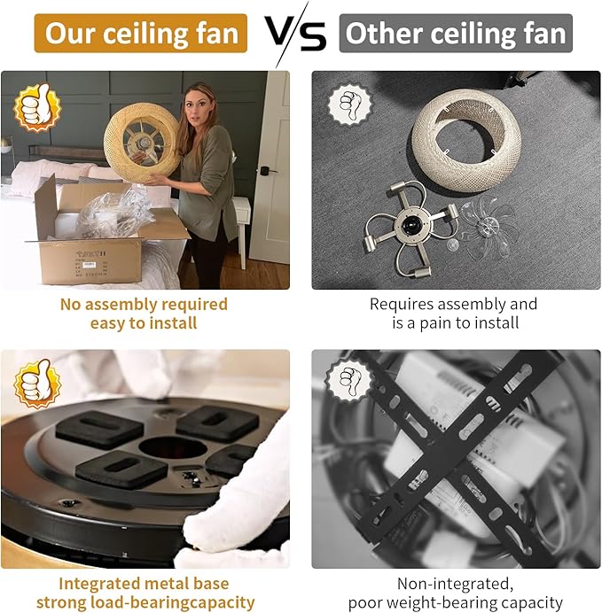 20" Boho Ceiling Fans with Lights,Rattan Caged Flush Mount Ceiling Fan with Light, Enclosed Timing 6 Speeds Reversible for Living Room Bedroom Dining Room