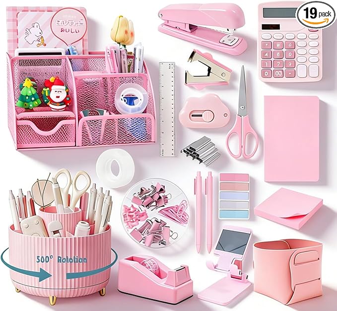 Pink Desk Organizers and Accessories with Desk Organizer 360° Rotating Pen Holder and Office Supplies, Cute Stationery Supplies Set