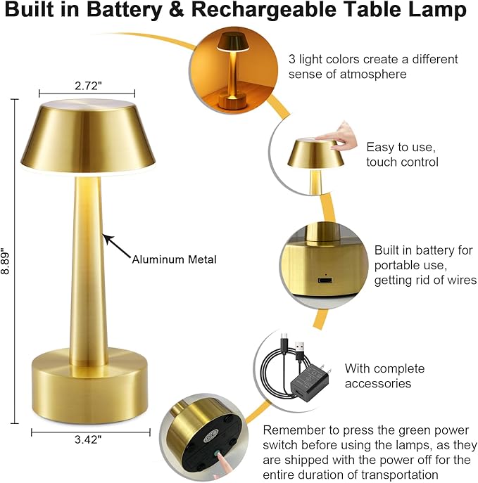 2 Pack Small Cordless Table Lamp, Battery Operated Gold Lamp for Restaurant Dinner Table, Rechargeable 3-Way Dimmable Touch Light Portable Metal Night Light for Bedside Dining Room Patio Bar Outdoor