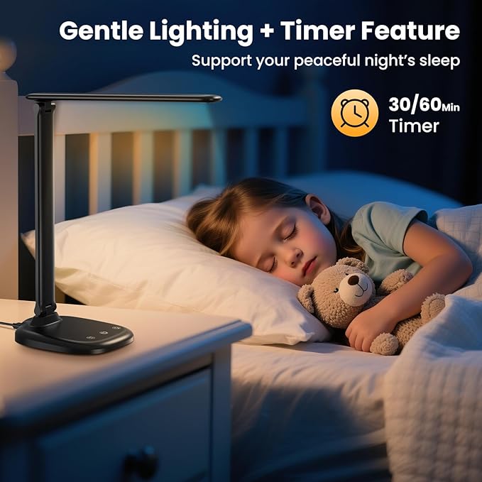 Desk Lamp with Charger, 10%-100% Stepless Dimmable & 5 Color Modes Study Lamp, Touch Control, 30-/60-minute Timer, USB Charging Output Port, CRI≥90, Eye-Caring Foldable LED Desk Lamps for Home Office
