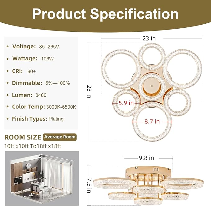 OKELI Modern Ceiling Light, 7 Rings 23'' Dimmable LED 106W Flush Mount Ceiling Lights with Remote Acrylic Crystal Round Ceiling Light Fixture, Bedroom Living Room Dining Room, Gold