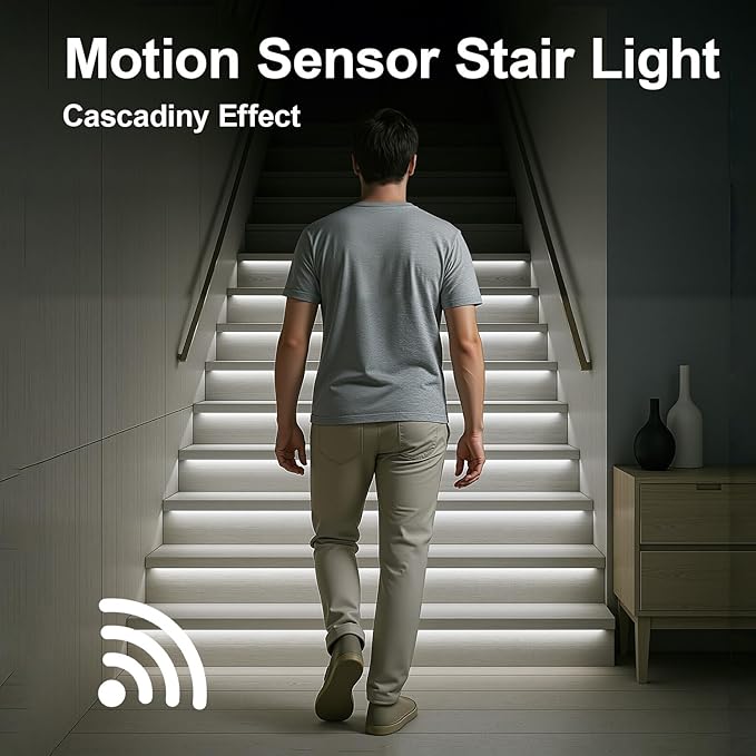 Intelligent Motion Triggered LED Stair Lighting Kit, 60 Inches Long Cuttable LED Strip Light for Indoor Stair Lights (Cool White 6000K, 16-20 Stairs)