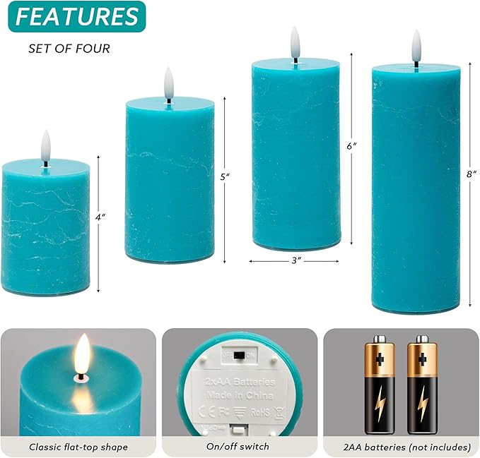 Teal Flameless Pillar Candles, Battery Operated Candles with Remote, Real Wax Flickering LED Candles for Home Party Wedding Holiday Decor, Set of 4, Φ 3" H 4" 5" 6" 8"