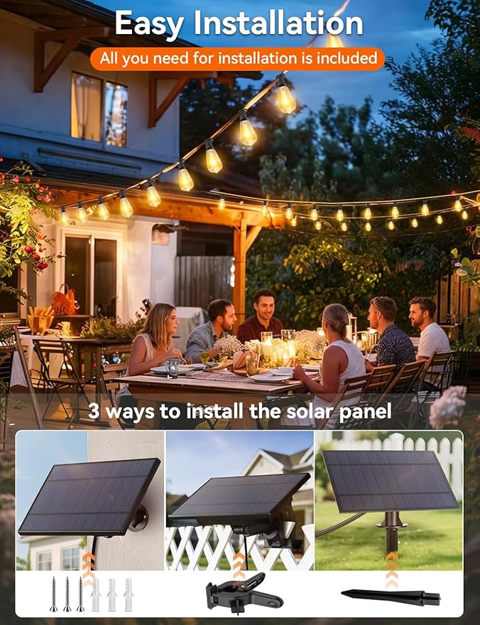 Brightever 100FT Solar String Lights Outdoor Waterproof with Remote, 36+2 Shatterproof ST38 LED Bulbs, Dimmable Patio Lights Solar Powered, 3 Lighting Modes Solar Lights for Backyard, Garden, Deck