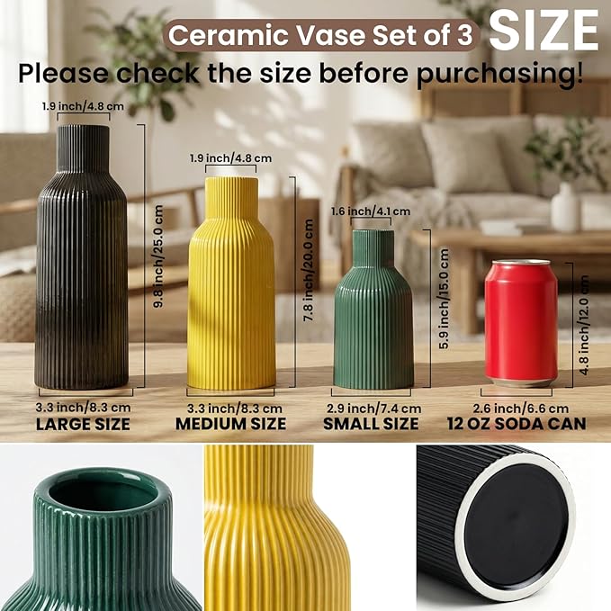 Glossy Ceramic Vase Set of 3, High-Gloss Ribbed Modern Flower Vases in Black, Green & Yellow, 5.9"/7.8"/9.8" Decorative Vases for Home Living Room Table Centerpiece