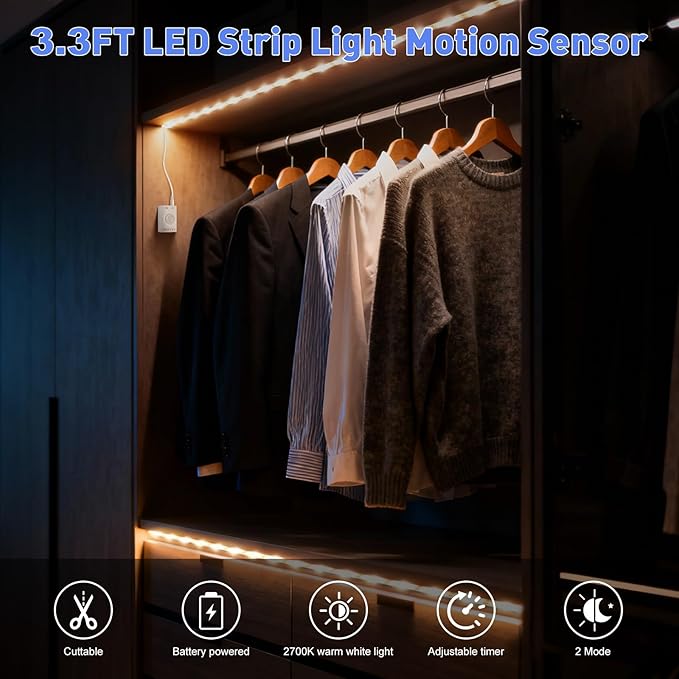 LUXJET 2 Pack Warm White Motion Sensor LED Strip Lights with Rechargeable 3.28ft, LED Closet Light Gun Safe Lights Motion Activated, Stair Lights Indoor