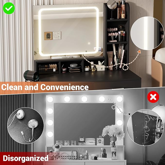 Small Vanity Desk, Vanity Desk with Mirror and Lights, Makeup Vanity Desks with Power Strip, Vanity Table with Drawers and Shelves, Adjustable Lighting, Dressing Table for Bedroom Room, Black